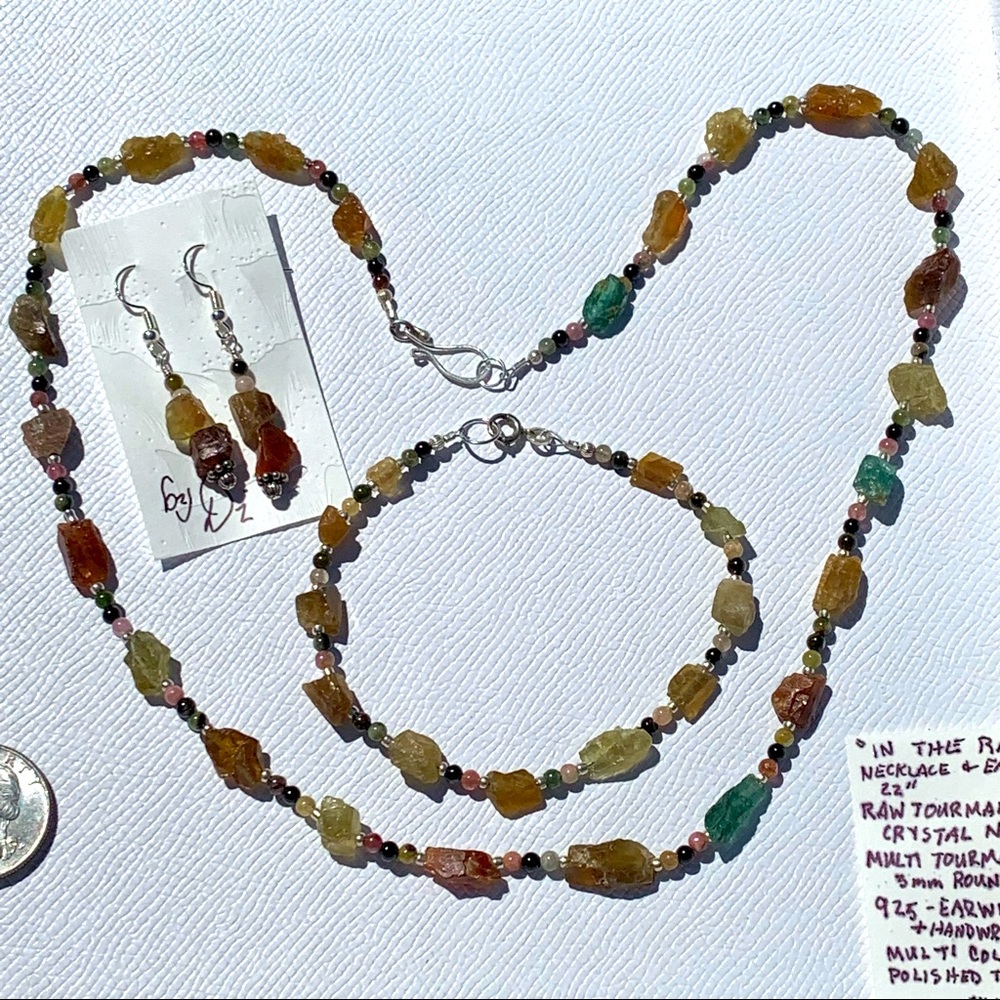 Handcrafted “In The Raw” Raw Tourmaline Crystal & 925 3 piece Necklace Set